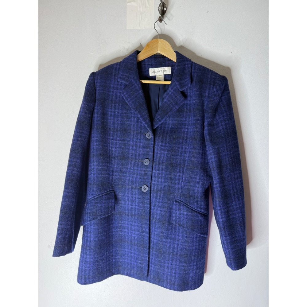 Jones New York blue wool plaid 3 button single breasted blazer preppy academia